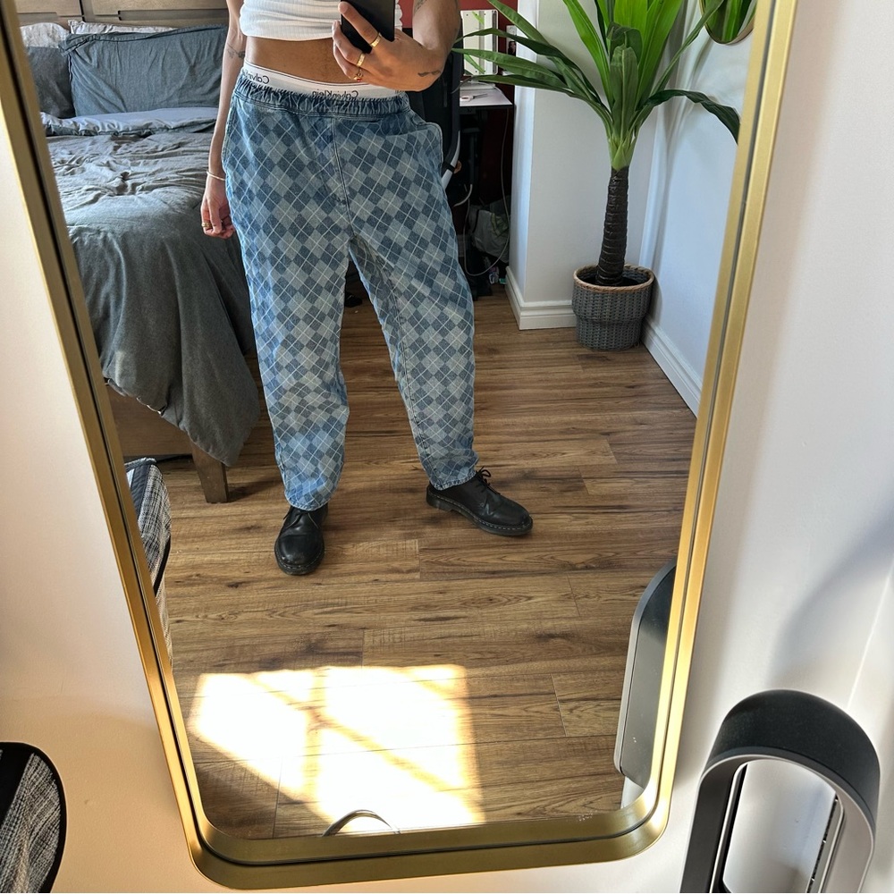 URBAN OUTFITTERS DENIM BEACH PANTS - BLUE CHECKERBOARD